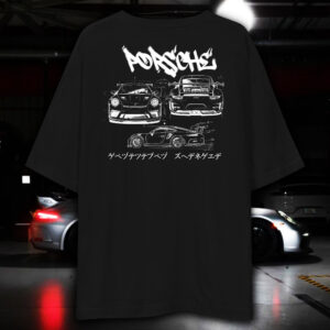Black oversized Porsche 911 GT3 RS graphic t-shirt featuring detailed automotive artwork of the iconic Porsche 911 GT3 RS sports car, designed for car enthusiasts, Porsche fans, motorsport lovers, and automotive streetwear fashion.
