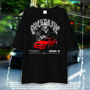 Overdrive Customs JZX100 Chaser oversized graphic t-shirt featuring bold gothic-inspired Toyota JZX100 Chaser design, JDM drift car streetwear for car enthusiasts and Japanese performance fans.