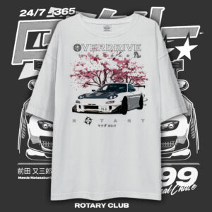 JDM Legends Mazda RX-7 FD oversized drop shoulder graphic t-shirt with cherry blossom and neon-inspired design, Japanese tuner car streetwear for rotary engine fans and JDM enthusiasts.