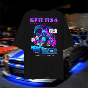 Oversized drop-shoulder graphic T-shirt featuring the Nissan Skyline GTR R34 “Godzilla,” JDM streetwear by Overdrive Customs for car enthusiasts.