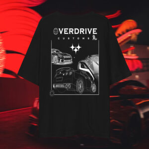 Premium oversized drop-shoulder graphic T-shirt featuring the Nissan GTR R35, JDM legend design, streetwear for car culture enthusiasts.