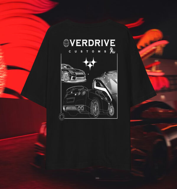 Premium oversized drop-shoulder graphic T-shirt featuring the Nissan GTR R35, JDM legend design, streetwear for car culture enthusiasts.
