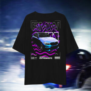Oversized drop-shoulder graphic T-shirt featuring BMW M Performance Euro Dreams design, premium 150gsm streetwear for Euro car enthusiasts.