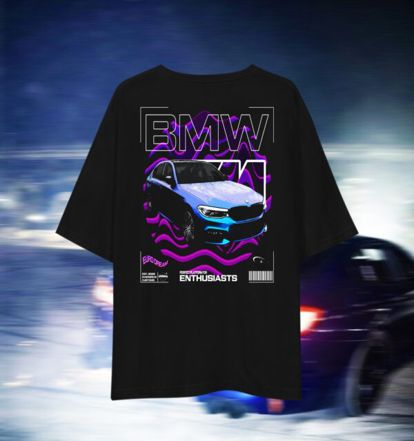 Oversized drop-shoulder graphic T-shirt featuring BMW M Performance Euro Dreams design, premium 150gsm streetwear for Euro car enthusiasts.