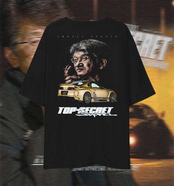 Oversized drop-shoulder graphic T-shirt featuring Smokey Nagata’s Top Secret Toyota Supra, premium JDM streetwear for car culture enthusiasts.